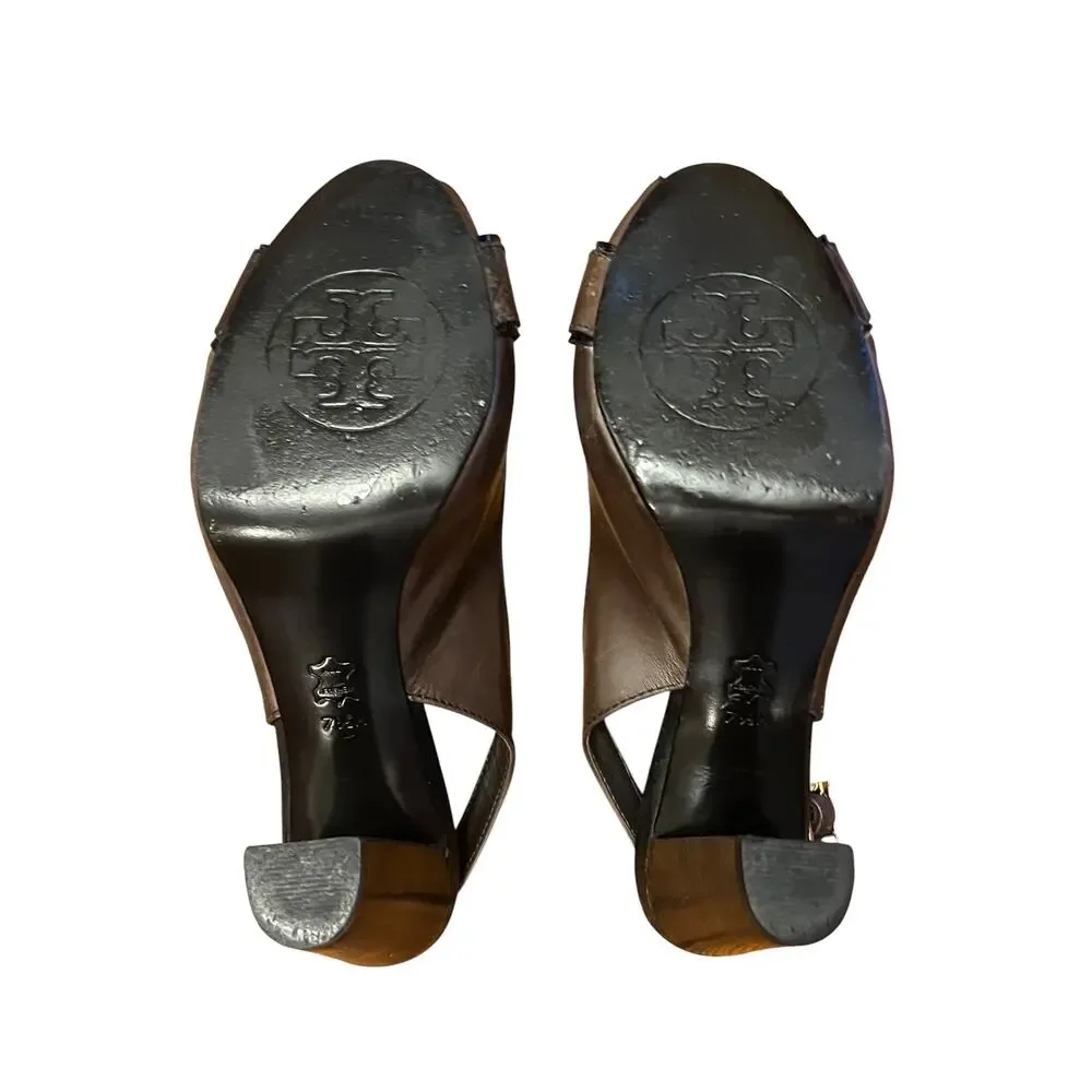 Tory Burch Tennyson Coconut 210 Vegan Leather Peep Toe Slingback Heels 7.5